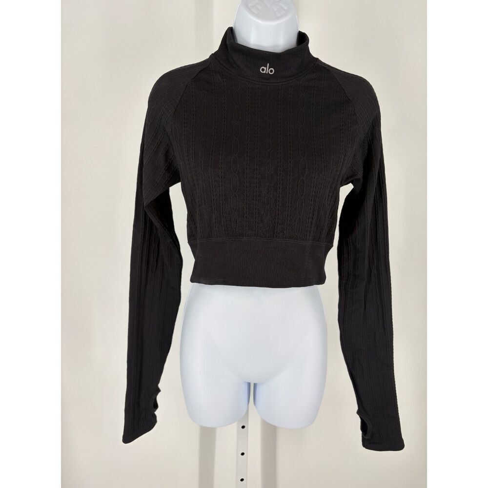 Alo Yoga Black Cropped Turtleneck Top | Long Sleeve Ribbed Activewear